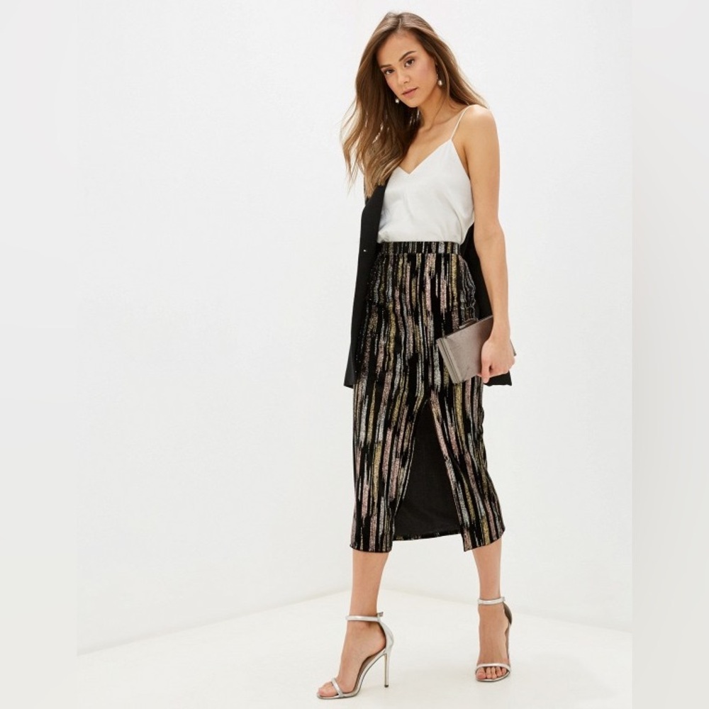 Topshop Black Gold Silver Rose Glitter Midi Skirt